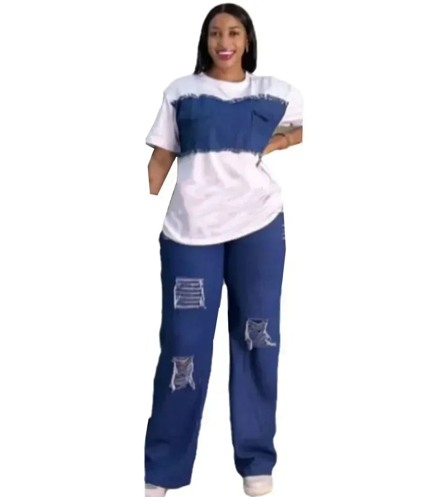 Chic 2 Piece African Dashiki Denim Set featuring a stylish short sleeve top and tailored jeans, perfect for summer elegance and office attire.