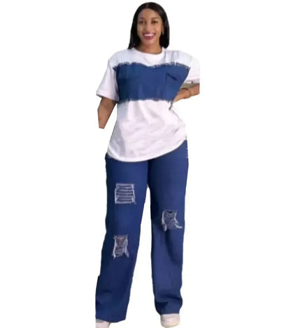 Chic 2 Piece African Dashiki Denim Set featuring a stylish short sleeve top and tailored jeans, perfect for summer elegance and office attire.