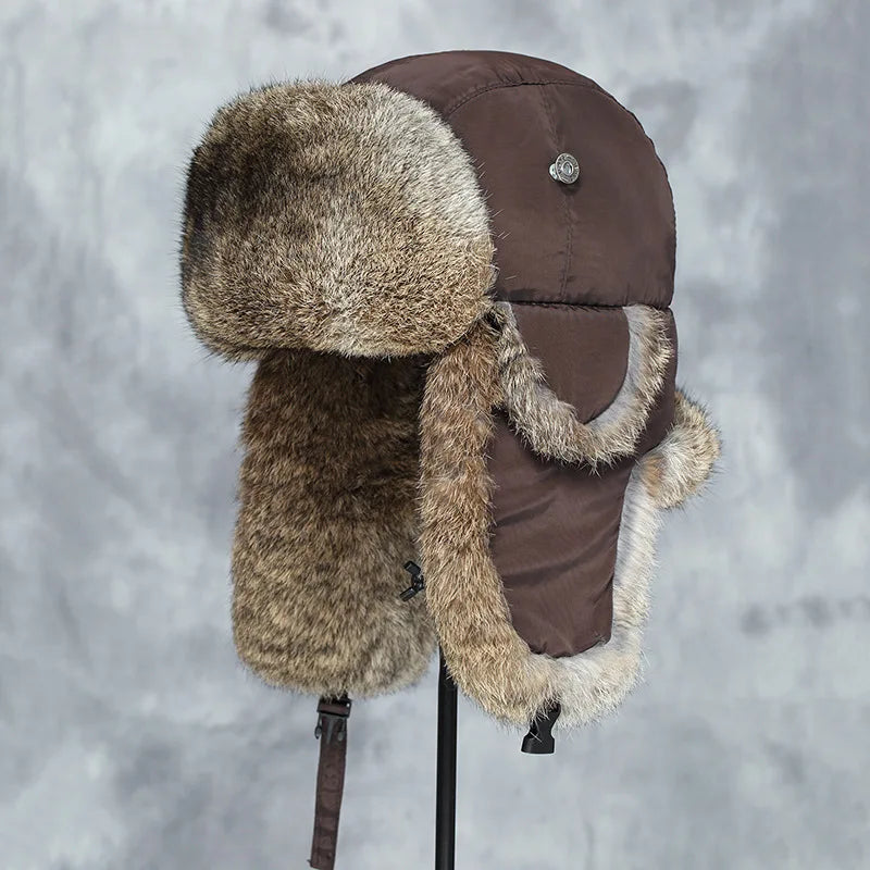 Chic windproof faux fur bomber hat, ideal for keeping warm in the winter season.