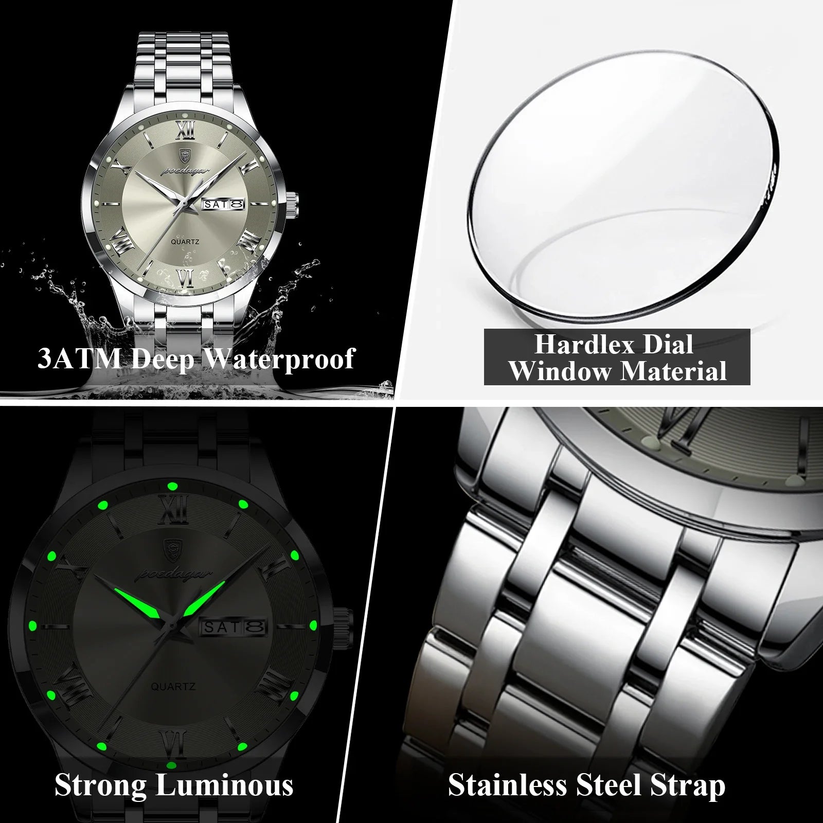 Stylish men's sports watch showcasing a complete calendar, luminous features, and robust build for active lifestyles.