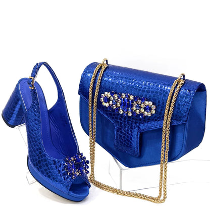 Luxury Italian bling rhinestone women's high heel peep toe pumps in a stunning design, paired with a matching bag set, perfect for glamorous occasions.