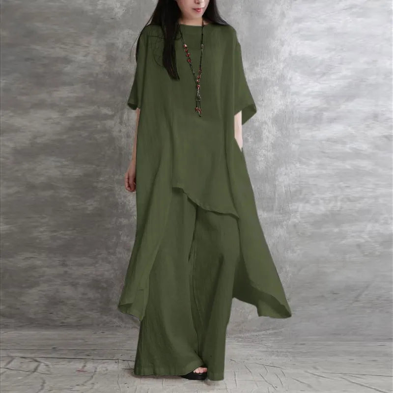 Full ensemble of women's luxury cotton linen 2-piece set laid out elegantly, featuring a casual loose blouse and fashionable trousers, perfect for summer occasions.