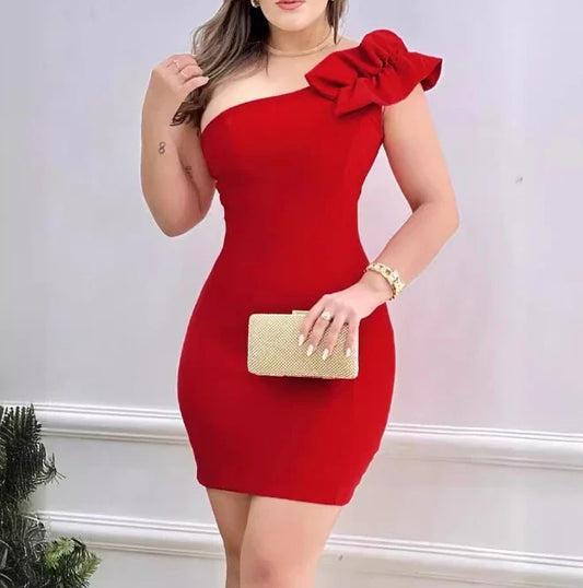 Elegant red one-shoulder sleeveless mini party dress for women, showcasing a slim A-line silhouette perfect for summer events.