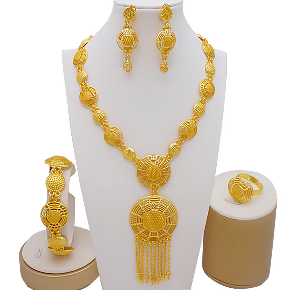 Exquisite gold colour bracelet from luxury Dubai jewelry set, designed for women with trendy African motifs, perfect for bridal style.