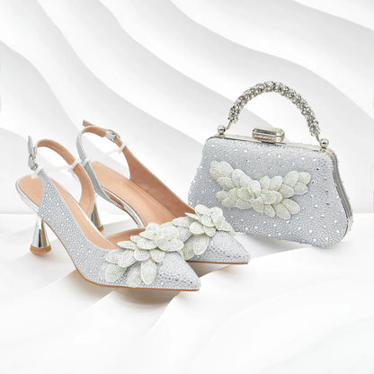 Close-up of exquisite Italian high heel pumps adorned with full diamonds, set against a luxurious handbag backdrop, exuding high fashion and glamour.