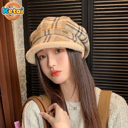 Luxury women's vintage plaid octagonal plush hat, perfect for outdoor spring and autumn wear, showcasing elegant design and comfort.