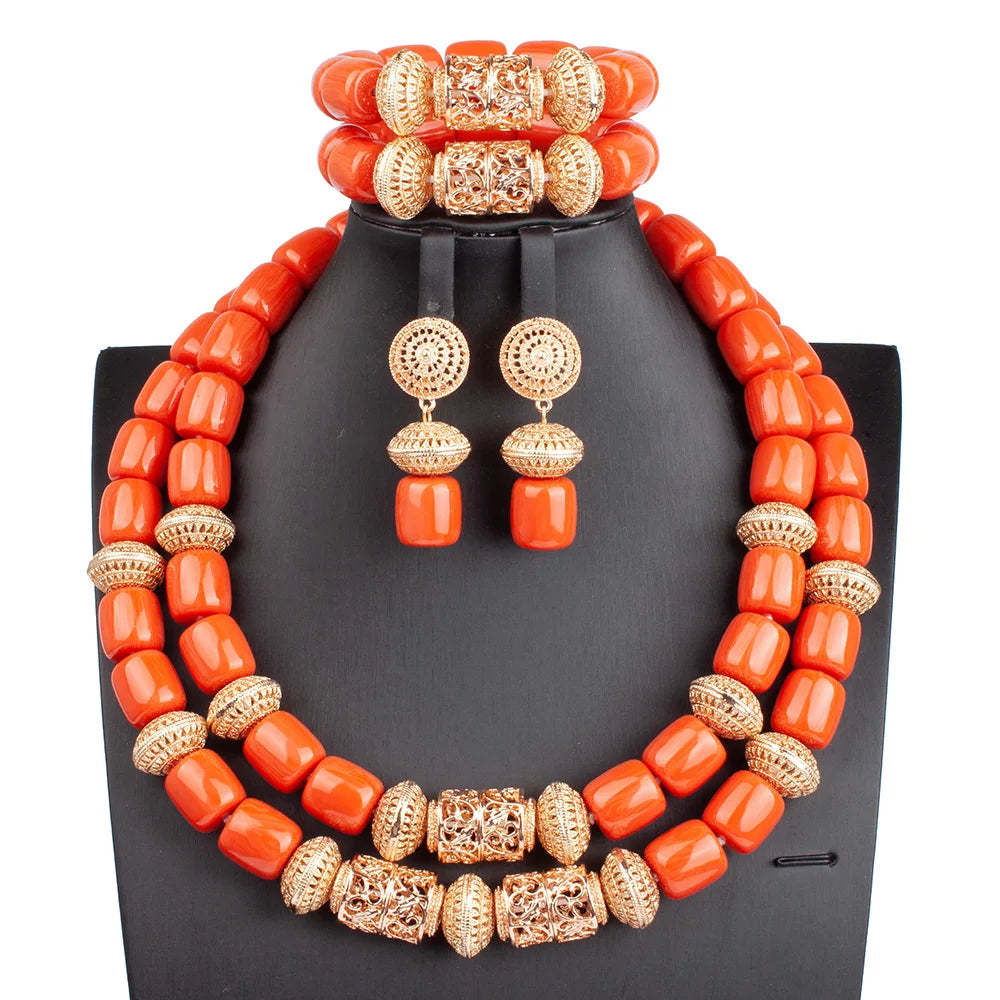 Stylish matching earrings from the Luxury African Beads Jewelry Set, showcasing beautiful craftsmanship with artificial coral.
