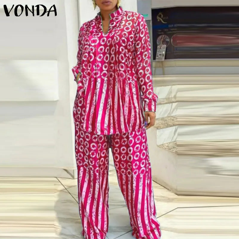 Close-up of the VONDA women's casual matching set, showcasing the detailed polka dot pattern and luxurious fabric of the long-sleeved shirt.