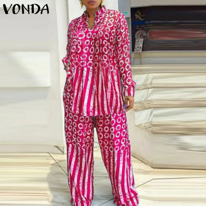 Close-up of the VONDA women's casual matching set, showcasing the detailed polka dot pattern and luxurious fabric of the long-sleeved shirt.