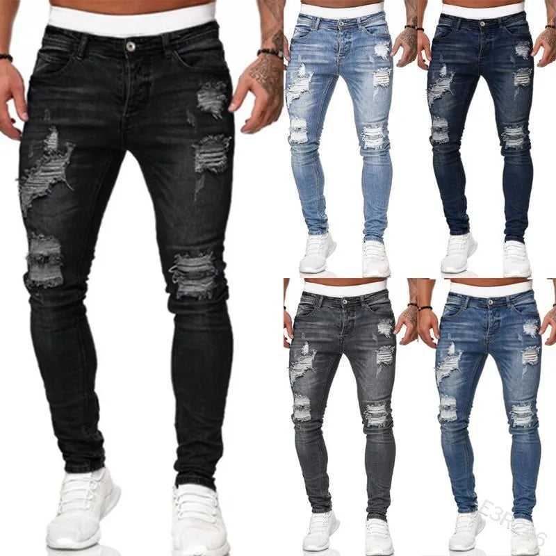 Luxury Men's Ripped Skinny Jeans in Vintage Stonewashed Denim, showcasing a Casual Slim Fit design perfect for any season, featuring stylish pencil pants with mid waist, zipper fly closure, and intricate fake zippers.