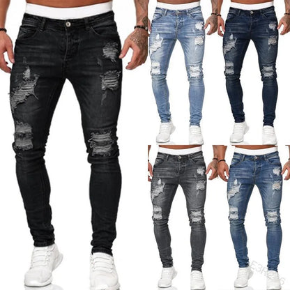 Luxury Men's Ripped Skinny Jeans in Vintage Stonewashed Denim, showcasing a Casual Slim Fit design perfect for any season, featuring stylish pencil pants with mid waist, zipper fly closure, and intricate fake zippers.