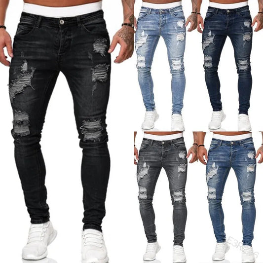 Luxury Men's Ripped Skinny Jeans in Vintage Stonewashed Denim, showcasing a Casual Slim Fit design perfect for any season, featuring stylish pencil pants with mid waist, zipper fly closure, and intricate fake zippers.