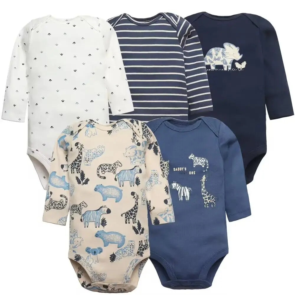 Luxury 5-Piece Baby Boy Bodysuit Set featuring 100% Soft Cotton and charming Cartoon Designs for infants aged 0-1 year.