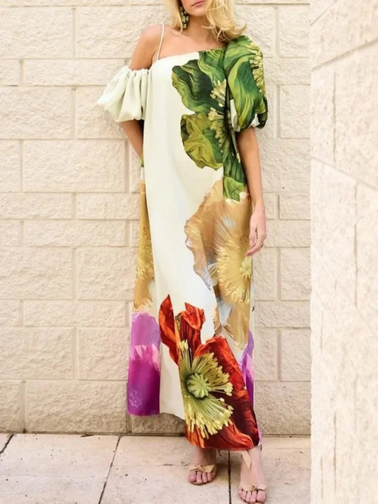 Elegant UOOZEE floral printed evening maxi dress featuring a stylish one-shoulder design, luxurious loose fit, and practical pockets for added functionality.