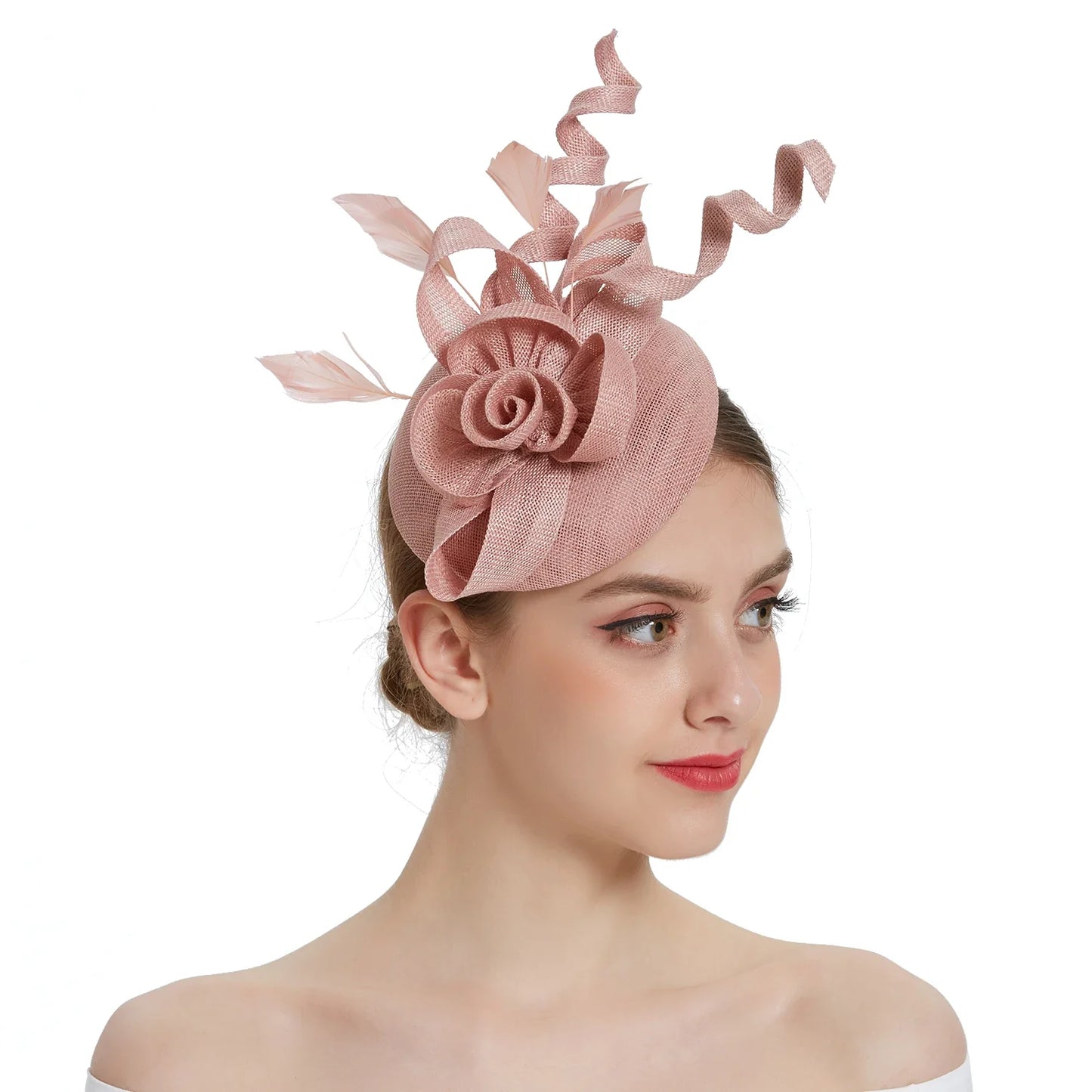 Elegant women's fascinator hat with hair clip, showcasing a sophisticated design for bridal events and cocktail parties, made from luxurious linen.