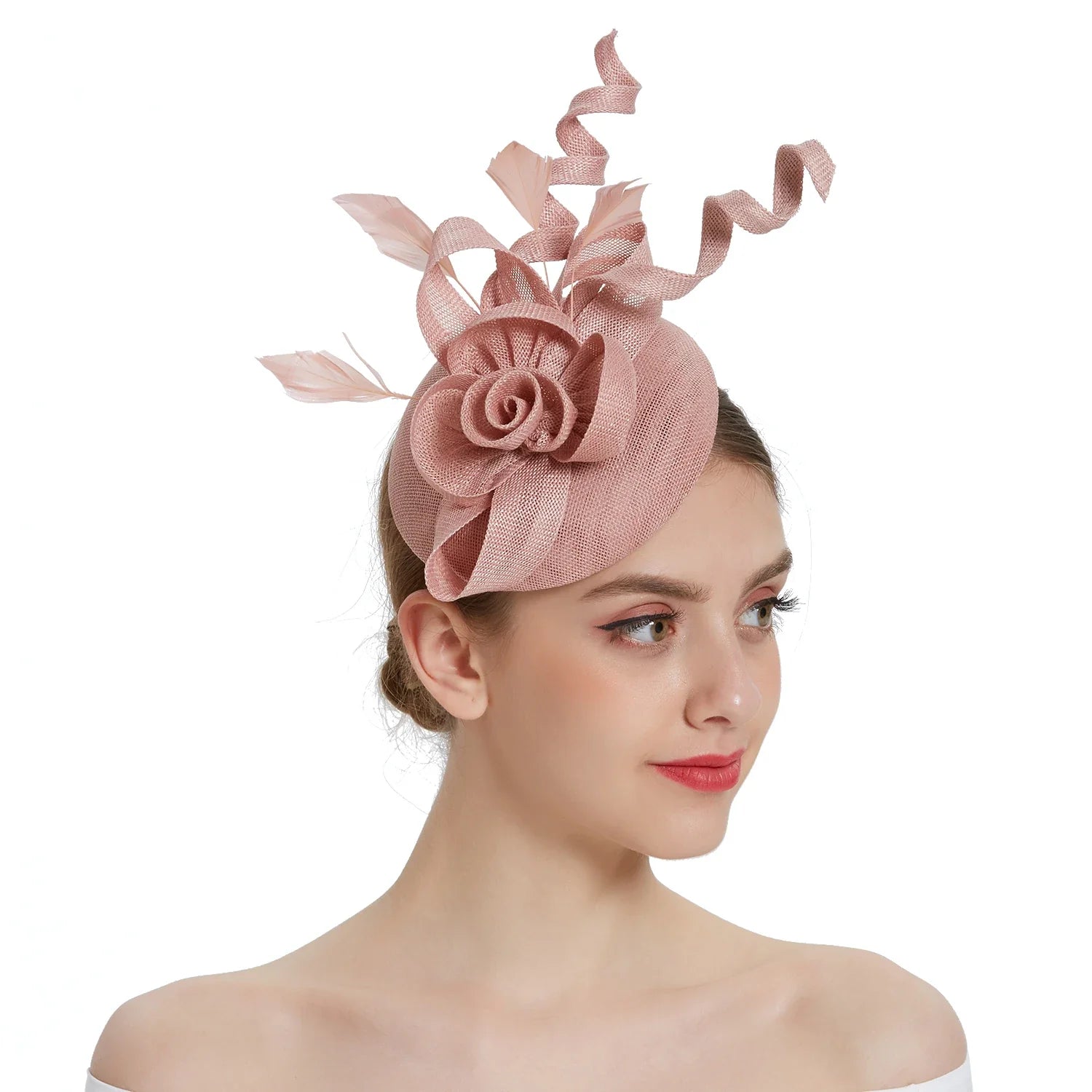 Elegant women's fascinator hat with hair clip, showcasing a sophisticated design for bridal events and cocktail parties, made from luxurious linen.