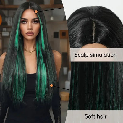 High-quality heat-resistant synthetic wig featuring sleek black and vibrant red hues, perfect for parties and special occasions.