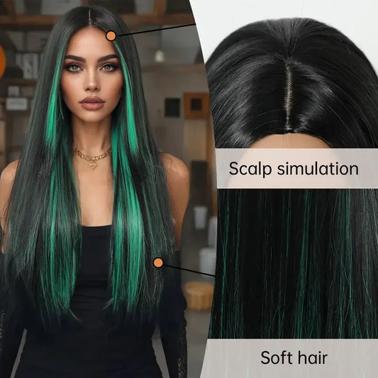 High-quality heat-resistant synthetic wig featuring sleek black and vibrant red hues, perfect for parties and special occasions.