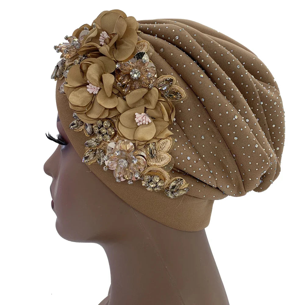 Chic African turban cap displayed elegantly on a model, highlighting its versatile style and comfort for everyday wear.