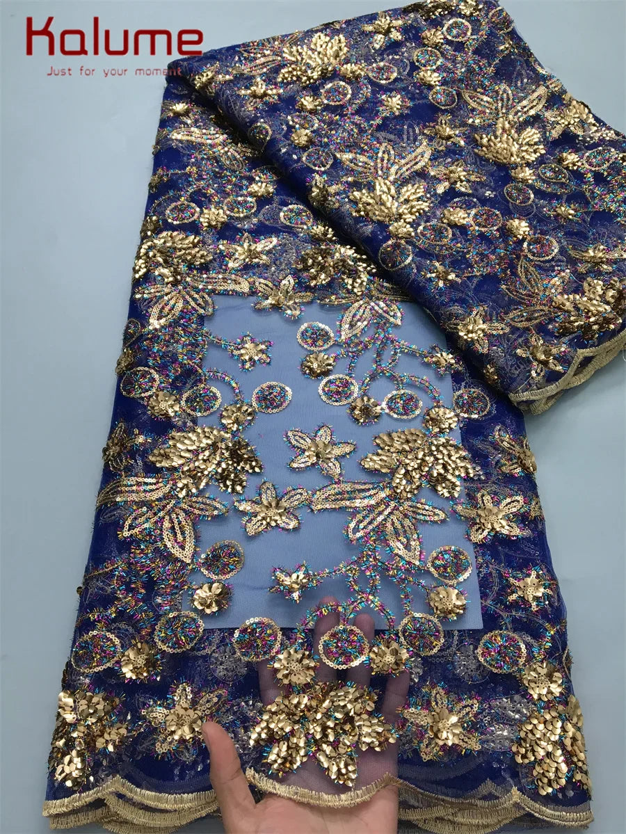 Glamorous shot of Kalume African Lace Fabric, showcasing its stylish mesh material and eco-friendly qualities, perfect for luxurious event outfits.