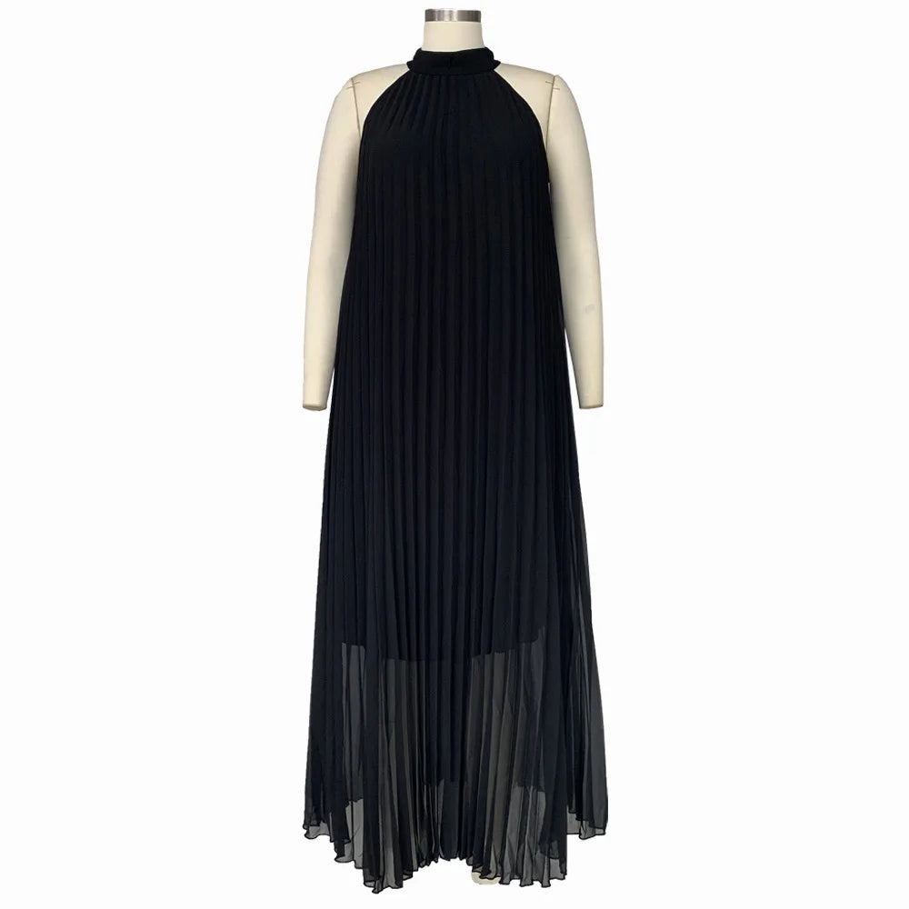Elegant plus size women's halter sleeveless maxi dress, showcasing a floor-length silhouette perfect for evening events.