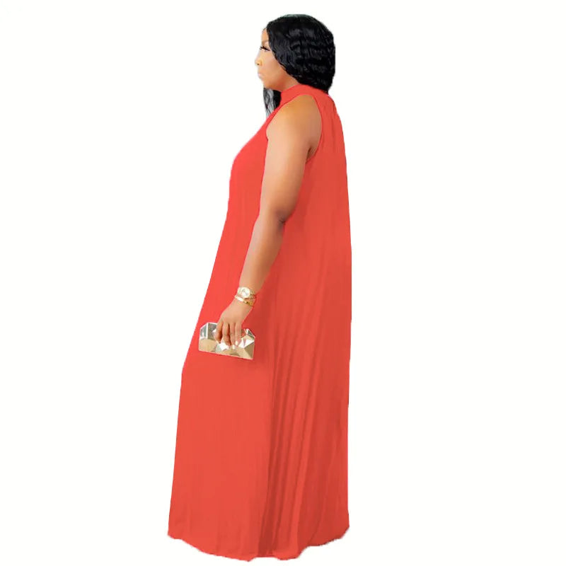 Elegant plus size women's A-line halter sleeveless maxi dress, featuring a flowing design and floor-length finish, perfect for evening events.