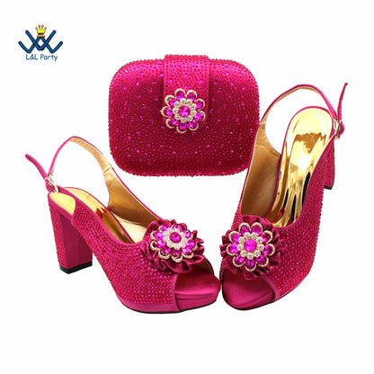 Sophisticated magenta party pumps with a peep toe design and shimmering crystal accents, ideal for elegant occasions.