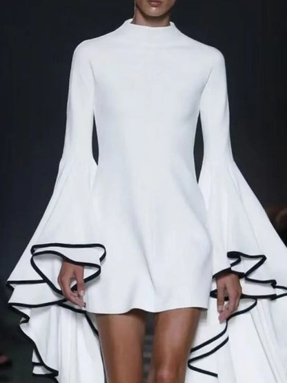 Close-up view of luxurious flared sleeves and stand collar on an elegant women's A-line mini dress, perfect for middle-aged women seeking style and sophistication in autumn.