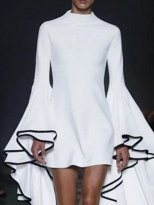 Close-up view of luxurious flared sleeves and stand collar on an elegant women's A-line mini dress, perfect for middle-aged women seeking style and sophistication in autumn.