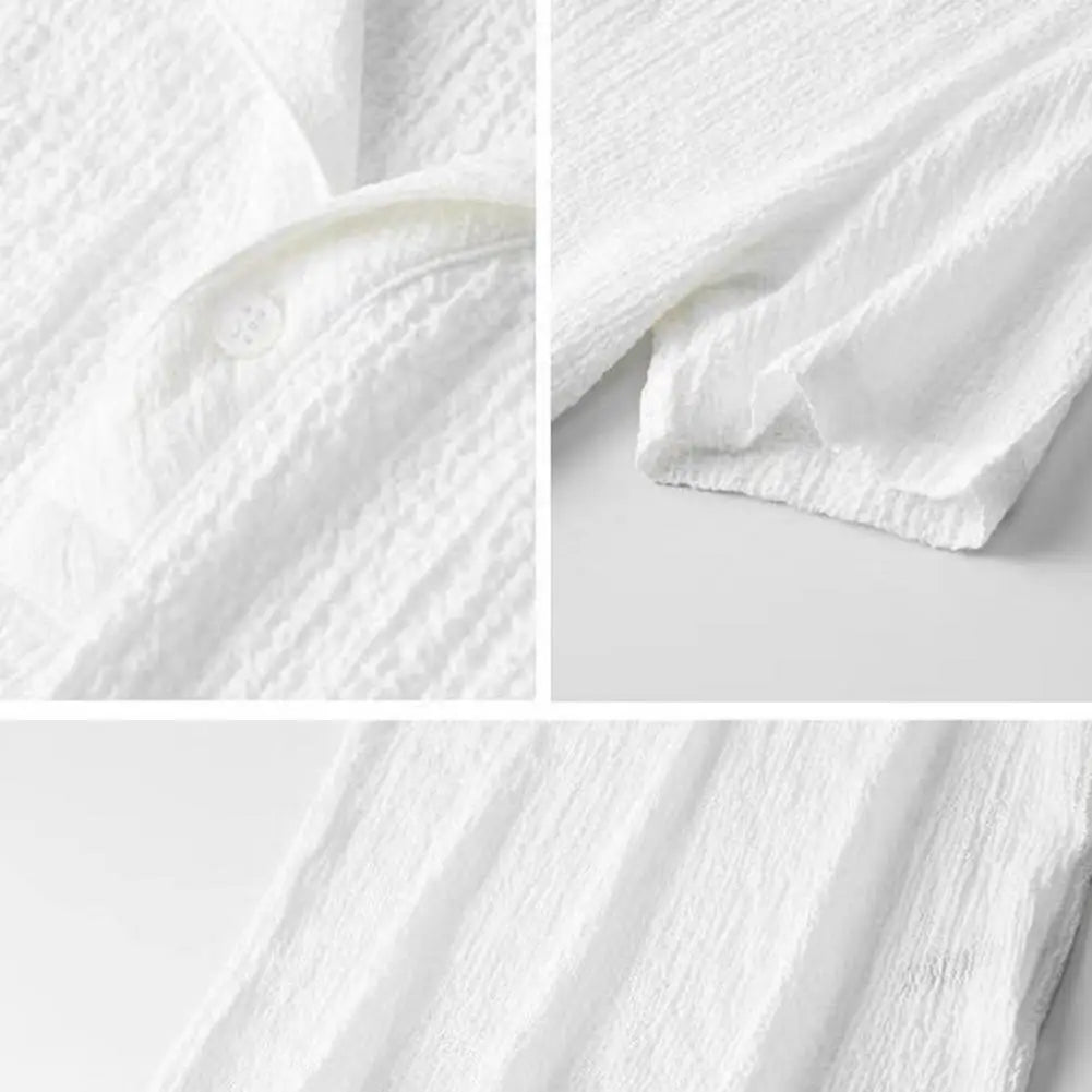 Luxurious summer casual attire for men, showcasing a solid colour short sleeve shirt and long pants, perfect for relaxed outings.