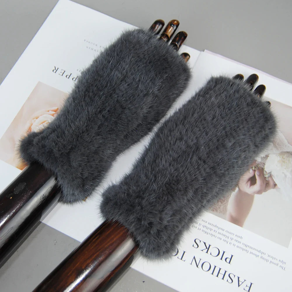 Luxury women's half finger knitted gloves made of 100% real mink fur, perfect for stylish typing.
