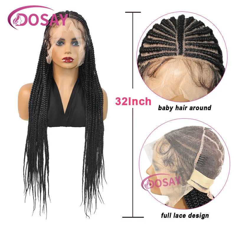 Stylish display of the 32" Full Lace Braided Wig with square part knotless box braids, perfect for fashionable women seeking a luxurious hairstyle.