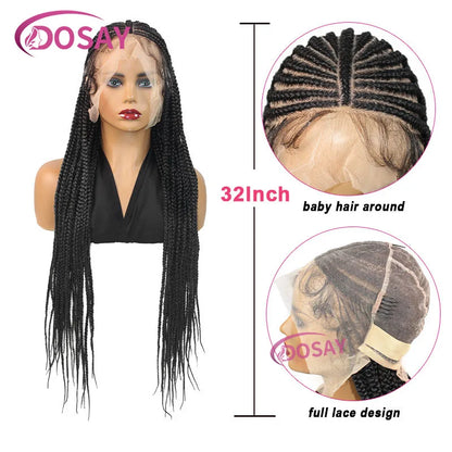 Stylish display of the 32" Full Lace Braided Wig with square part knotless box braids, perfect for fashionable women seeking a luxurious hairstyle.