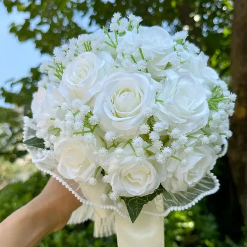 Elegant wedding bouquet featuring silk roses, delicate babysbreath, and luxurious pearl lace, ideal for brides and bridesmaids.
