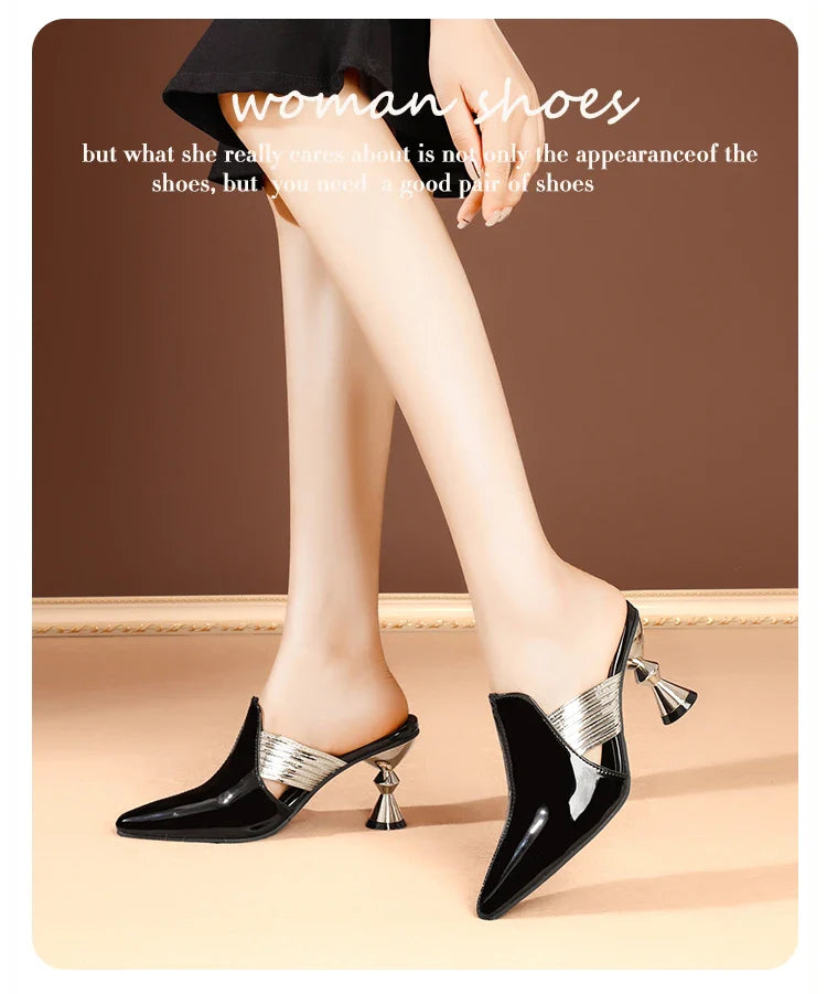 Stylish green high heel mules with a narrow pointed toe and fashionable metal heel, ideal for chic summer ensembles.