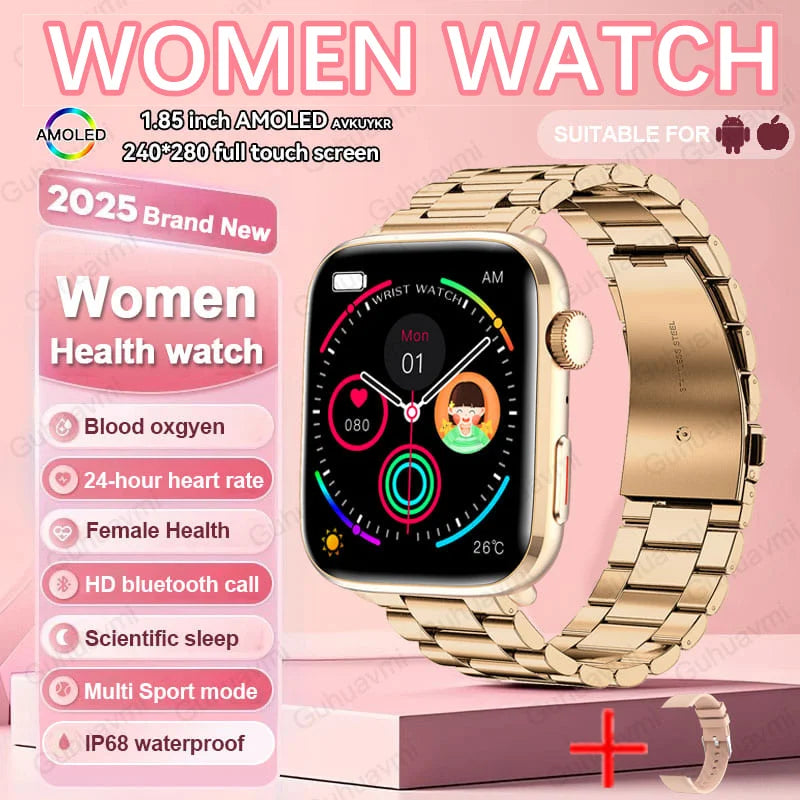 Sophisticated Women's Smart Watch offering comprehensive health analysis, complete with a luxurious gold mesh strap and high-density battery.