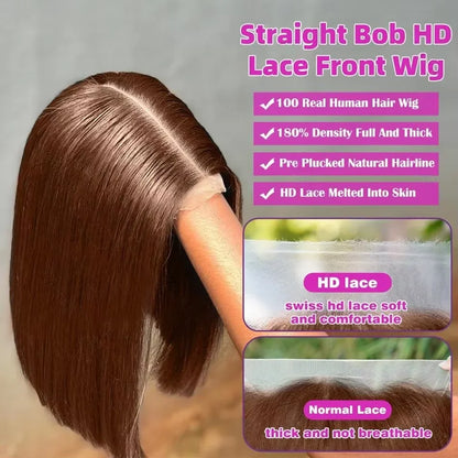 Luxury 250 Density Brazilian Short Bob Human Hair Wig featuring a 13x4 HD Transparent Lace Frontal in a rich Chocolate Brown colour, sleek straight texture for an elegant look.