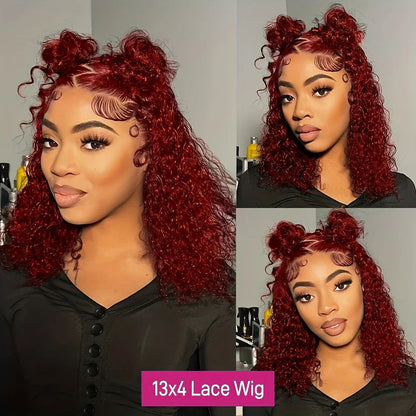 Burgundy 99J Deep Wave Short Bob Wig with a transparent lace colour, emphasizing the quality and realism of this luxurious hairstyle.