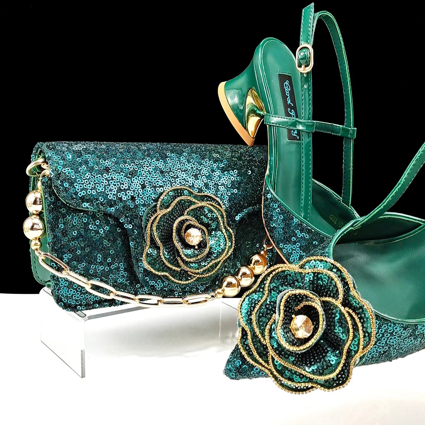 Luxurious gold handbag paired with elegant wedding shoes, featuring intricate floral designs.