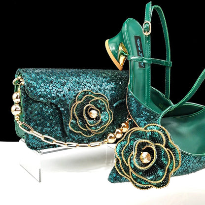 Luxurious gold handbag paired with elegant wedding shoes, featuring intricate floral designs.
