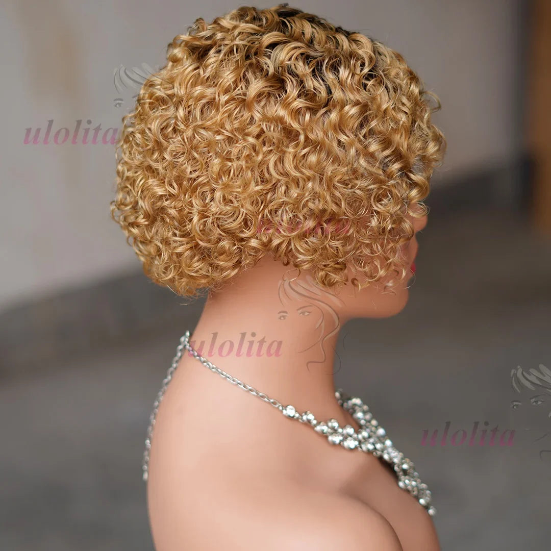Luxe Ombre Blonde T1B27 Pixie Cut Wig with luscious curls, designed to offer versatility and comfort, made from 100% human hair for a natural appearance.