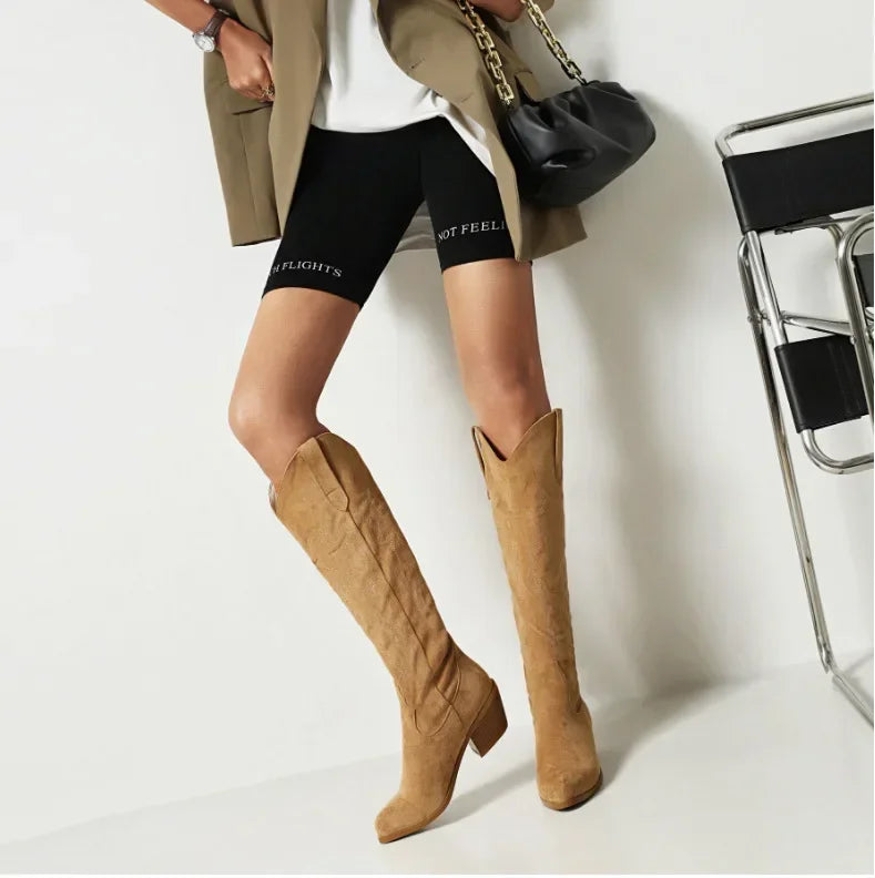 Fashionable brown PU leather knee-high knight boots, perfect for a stylish autumn look with a comfortable block heel.