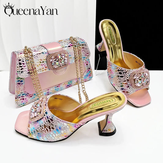 Luxurious Queena Yan pink rhinestone women's slingback pumps paired with an elegant matching bag, designed for sophistication and style. Available in sizes 38-43, perfect for weddings and upscale occasions.