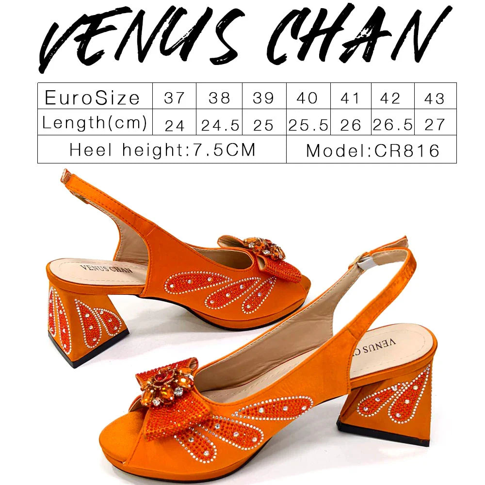 Elegant Venus Chan purple peep toe high heels adorned with rhinestones, showcasing a chic butterfly-knot design for luxurious formal occasions.