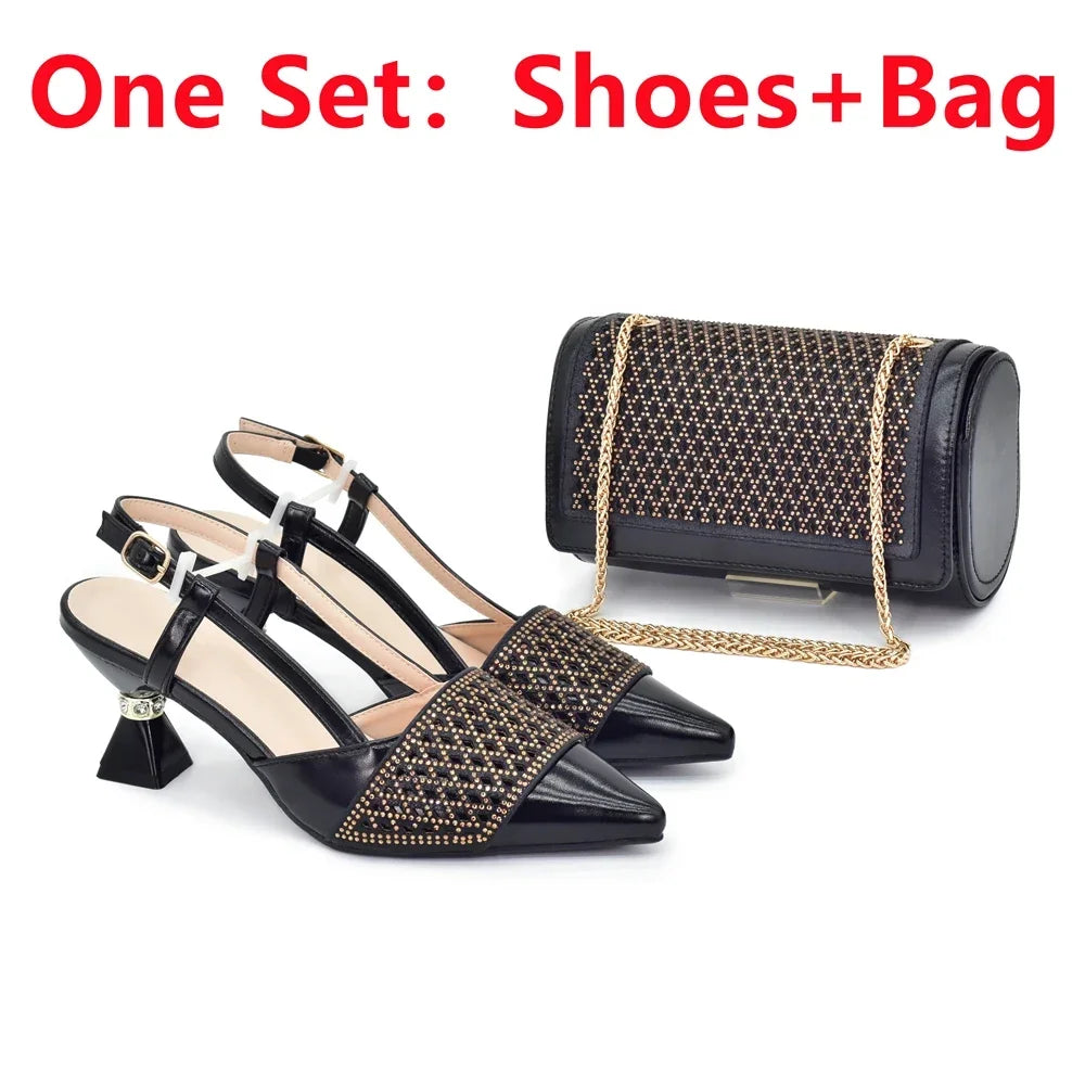 Sumptuous black Italian shoe and bag set for women, featuring high heel slingbacks, elegantly embellished with rhinestones.