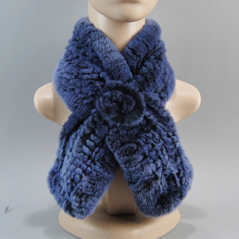 Close-up of the luxurious knit texture and elegant design of the women's winter faux fur hat and scarf set.