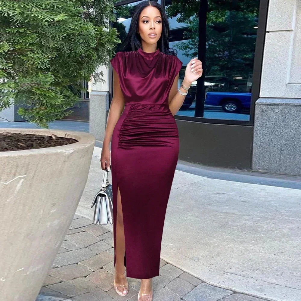 Elegant Ankle-Length Burgundy Bodycon Dress with flattering folds, perfect for evening and cocktail events.