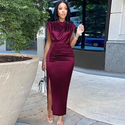 Elegant Ankle-Length Burgundy Bodycon Dress with flattering folds, perfect for evening and cocktail events.