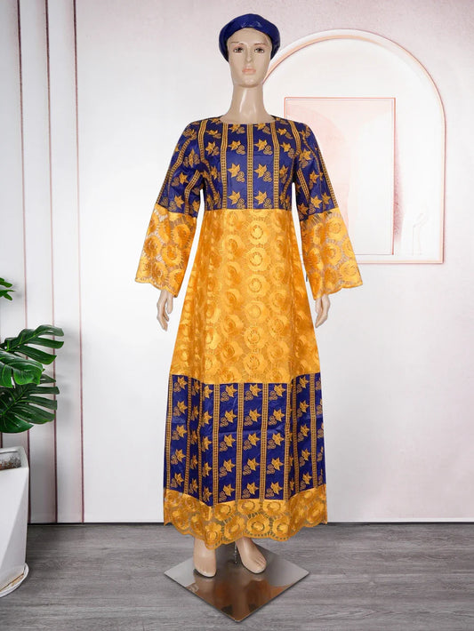 Stylish H&D Women's Bazin Riche African Dress displayed elegantly, highlighting its beautiful embroidery and sophisticated design, ideal for cultural celebrations and festive occasions.