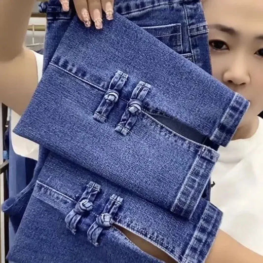 Luxury Korean loose straight ankle-length denim pants for women, featuring high elasticity and a stylish casual design, perfect for sophisticated spring and summer outfits. Crafted from thin polyester denim with a comfortable elastic waist, these harem-style jeans offer an elegant and flattering fit, adorned with charming tassels.